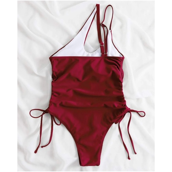 Red One Shoulder Tie Side Cheeky One Piece Monokini Swim - Picture 4 of 9